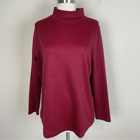 Chico's Red Black Stripe Knit long Sleeve Cotton Blend Turtleneck Top 2 - Picture 1 of 7